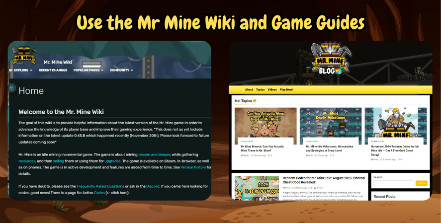 Free Mining Games
Screenshot of the Mr Mine Wiki and Mr Mine Blog game guides showing tips, depth milestones, and redeem codes with the heading Use the Mr Mine Wiki and Game Guides.