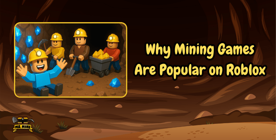 Roblox-style miners in hard hats work together in a cave, digging crystals and pushing a cart of gold, with the text ‘Why Mining Games Are Popular on Roblox’ beside them and the Mr. Mine logo at the bottom.